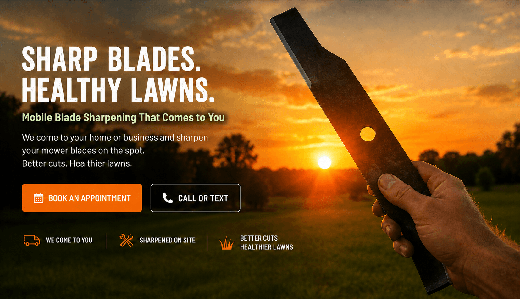A mower blade held in front of a Louisiana sunset